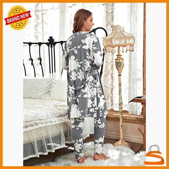 Women's Satin Pajama Set with Robe, 3-Piece Sleepwear, Medium - Picture 2 of 7